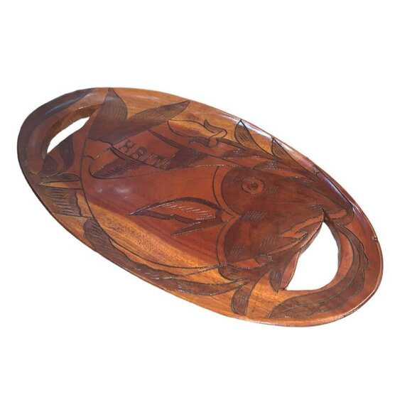 Vintage Haitian Haiti Fish Hand Carved Brown Wood Art Oval Tray Decor - Picture 1 of 7